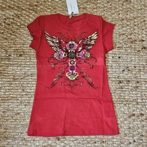 BRAND NEW - Red Women's 'Cross With Wings' Tee